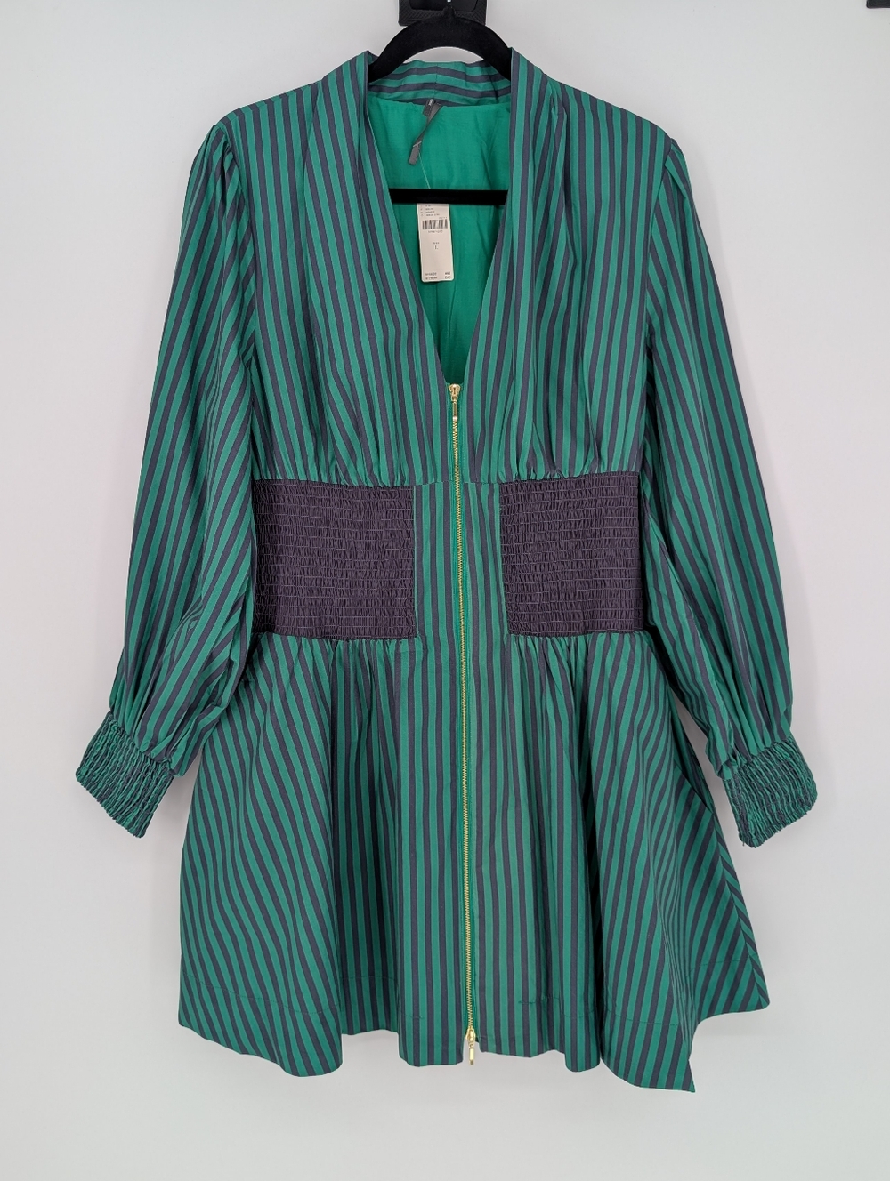 NWT Anthropologie Tommie Smocked Front Zip Mini Dress | L | Green Navy Stripes